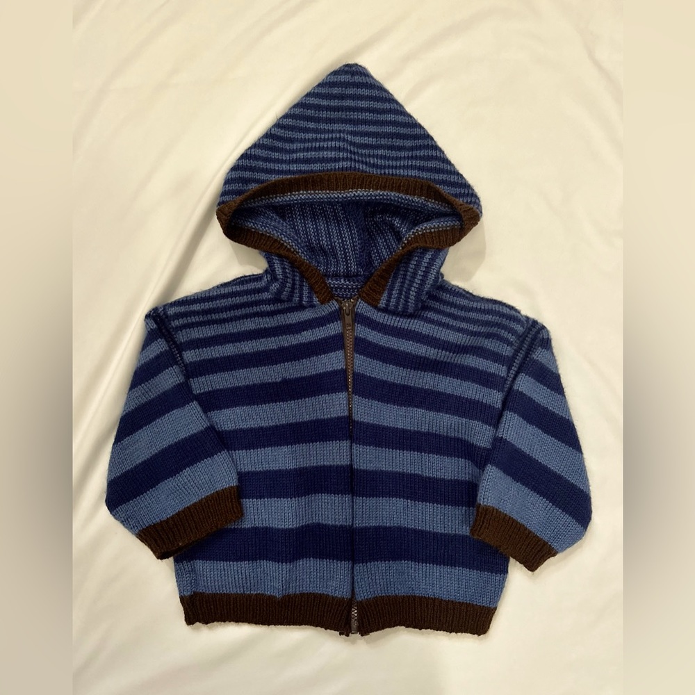 Hand-knit blue striped zip-up hooded sweater